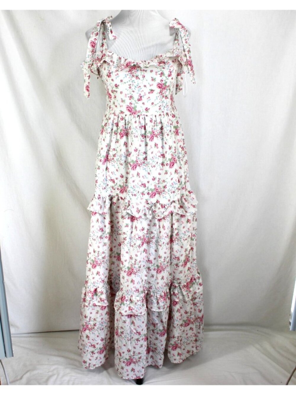 Altar'd State Floral Maxi Dress Size L White Pink Sleeveless Tie Shoulder Tiered